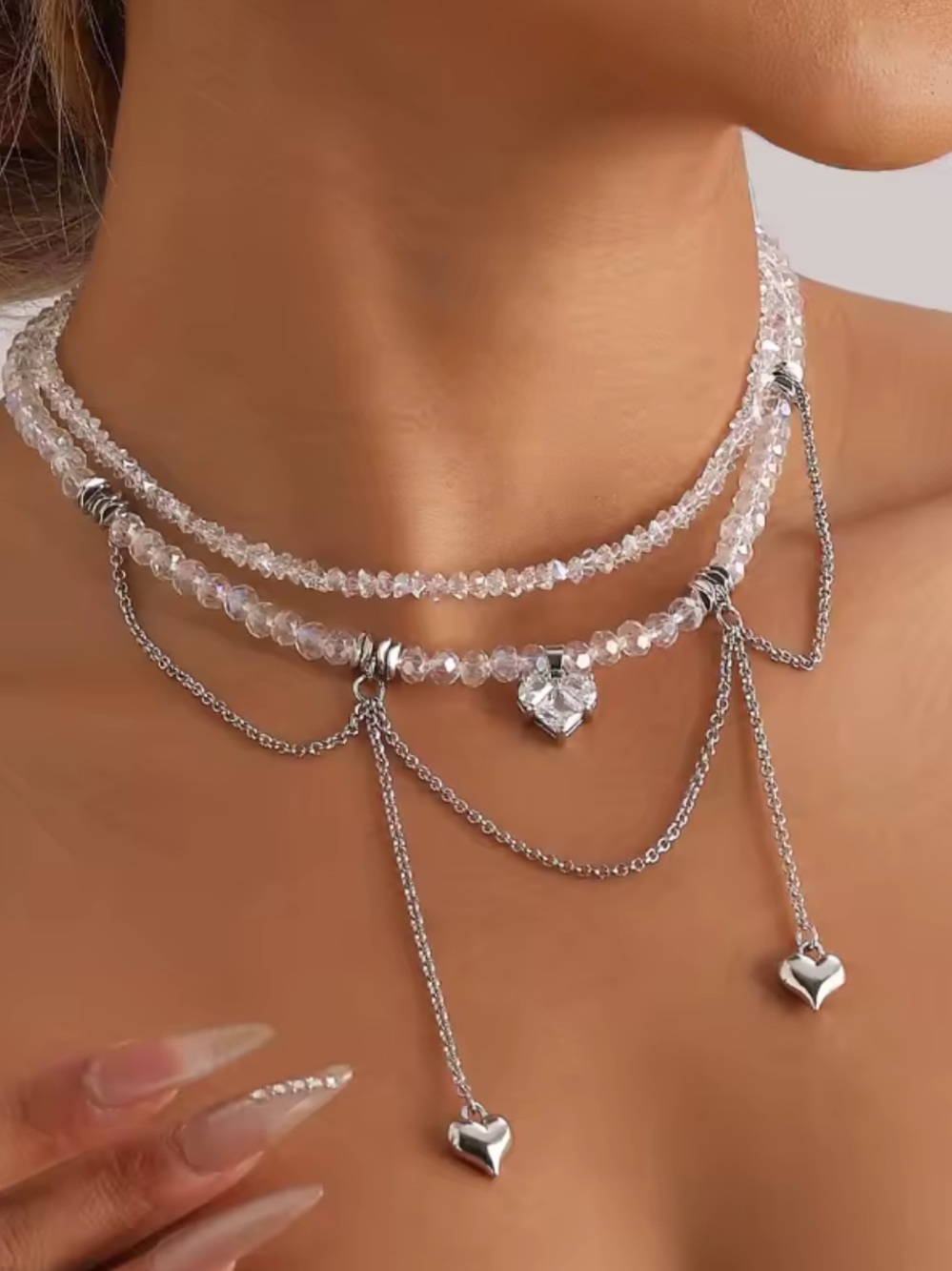 Target Silver-Tone Layered Crystal Heart Choker Necklace